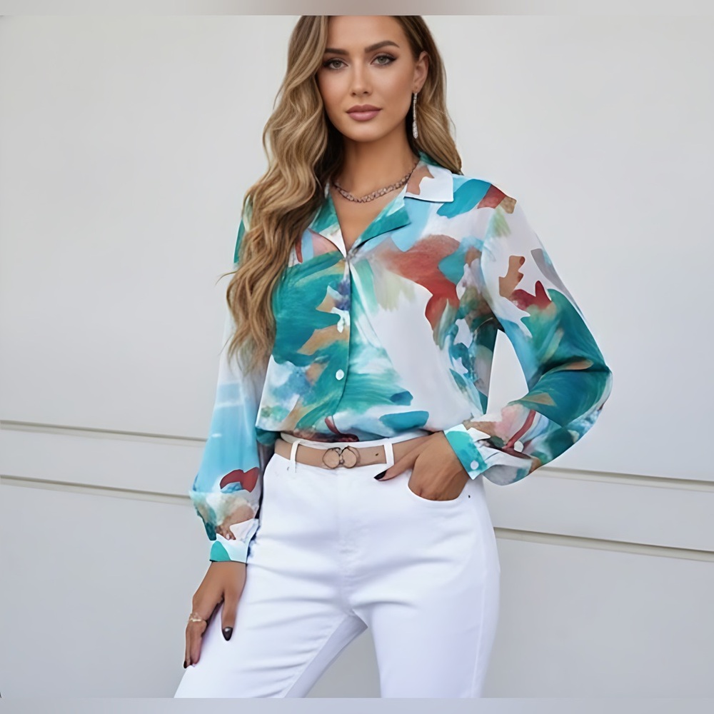 LAST ONE 🔥 Graphic Patterned Button-Down Blouse - Picture 1 of 6